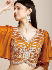 Orange & Gold Flared Poly Silk Lehenga Set – V-Neck – Floral Embroidered