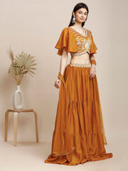 Orange & Gold Flared Poly Silk Lehenga Set – V-Neck – Floral Embroidered