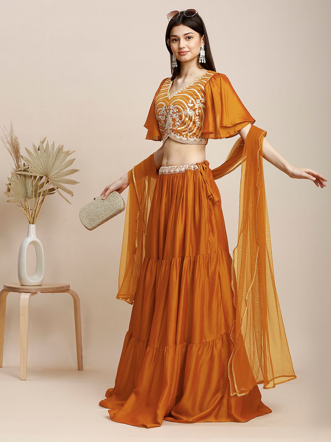 Orange & Gold Flared Poly Silk Lehenga Set – V-Neck – Floral Embroidered
