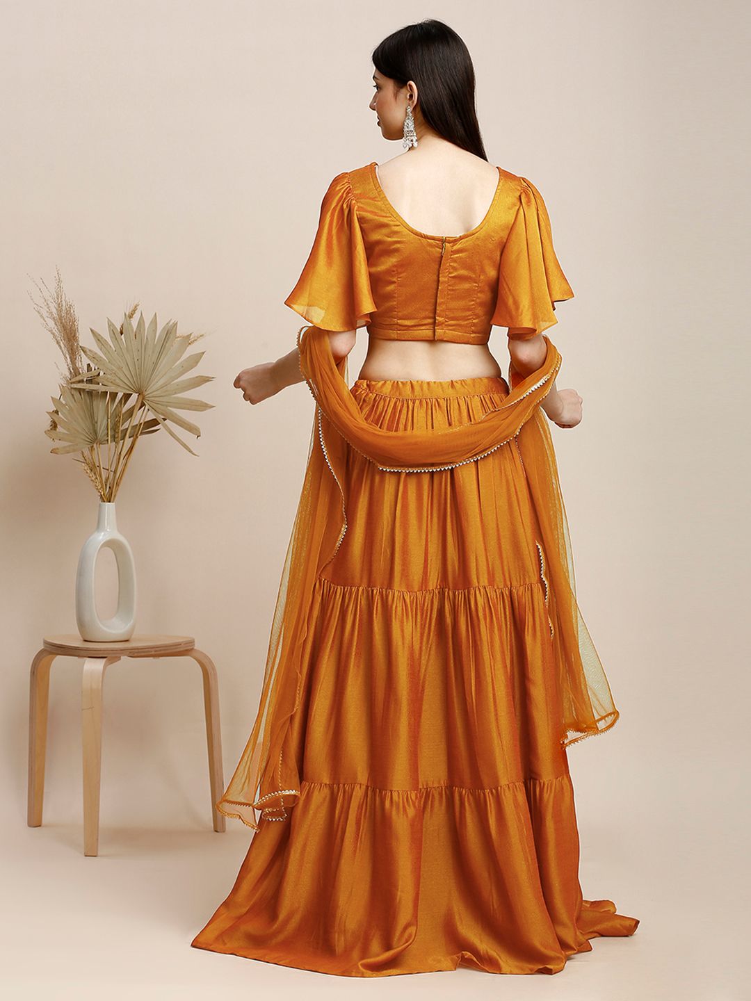 Orange & Gold Flared Poly Silk Lehenga Set – V-Neck – Floral Embroidered