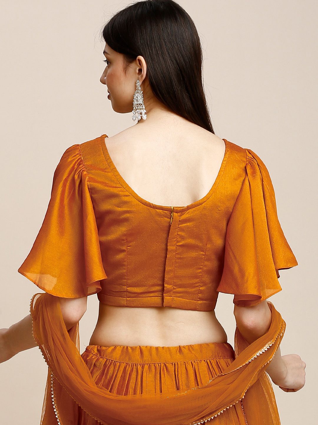 Orange & Gold Flared Poly Silk Lehenga Set – V-Neck – Floral Embroidered