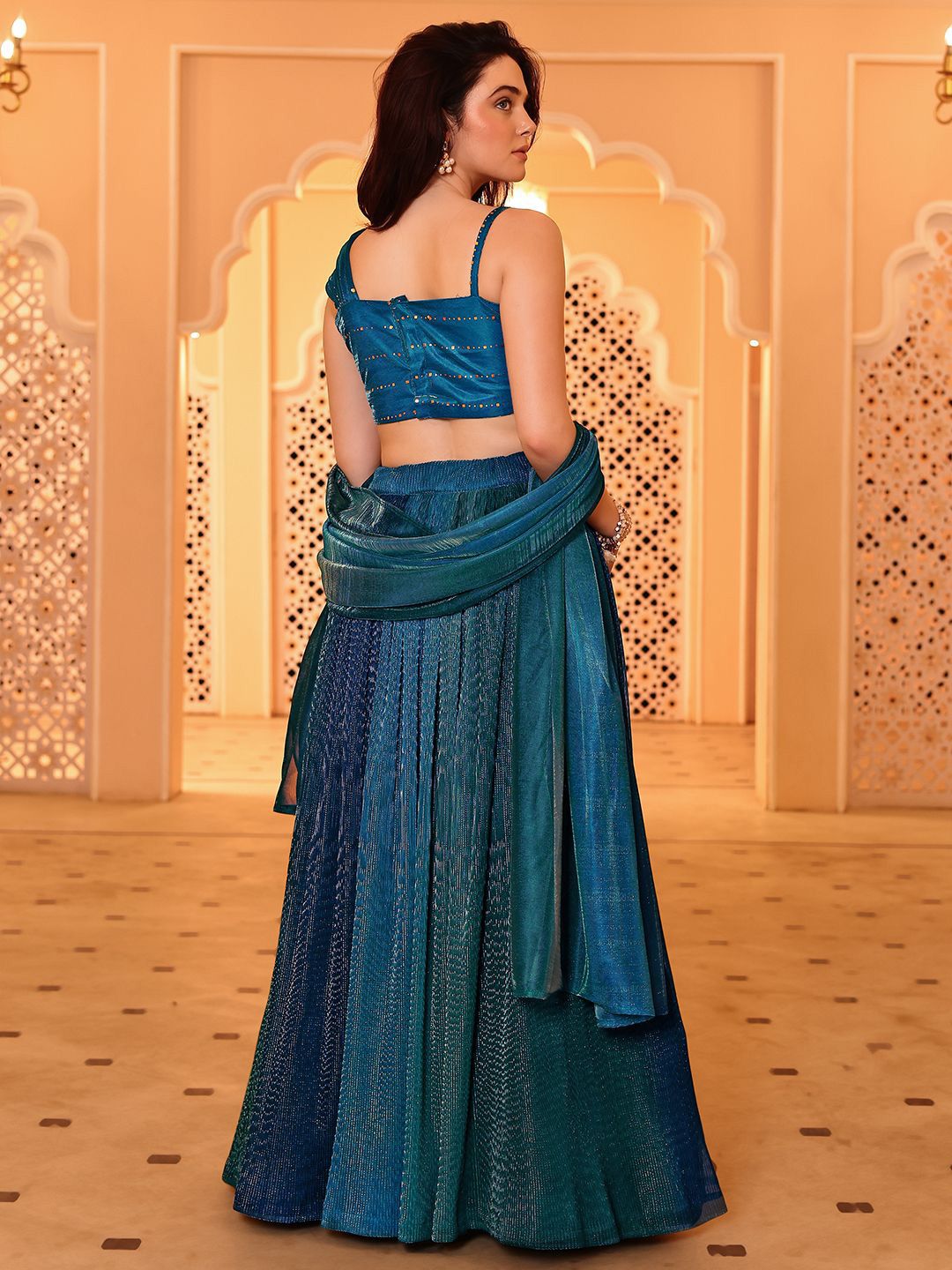 Teal Flared Polyester Lehenga – Square Neck – Sequinned Embellished