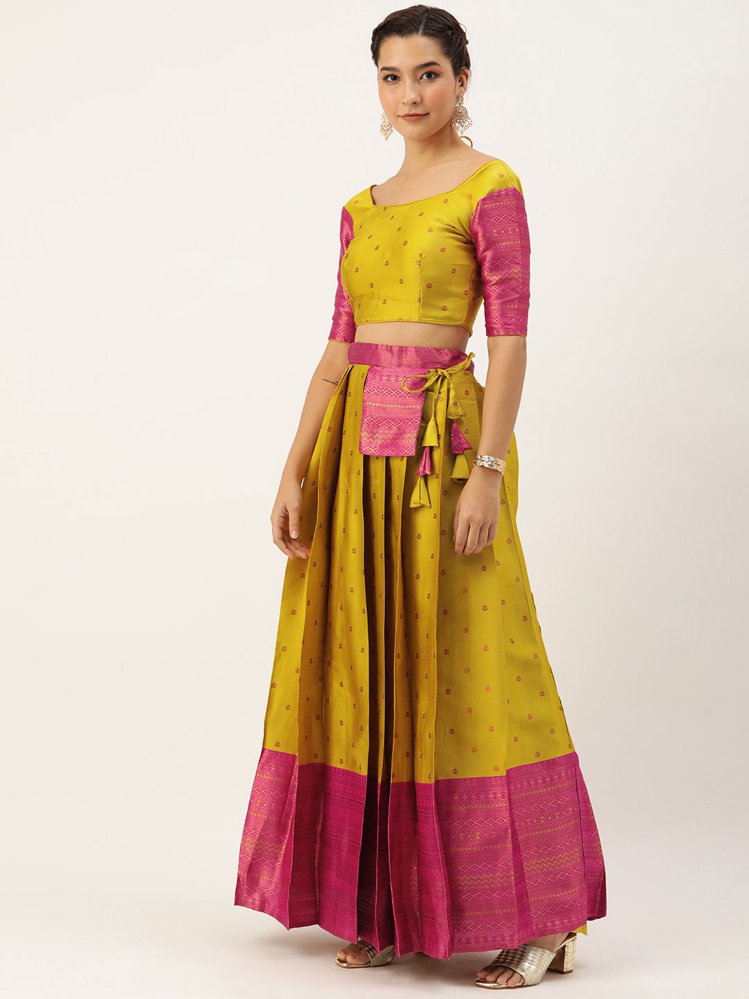 Mustard & Pink Woven Design Art Silk Lehenga – Boat Neck – Zari Work