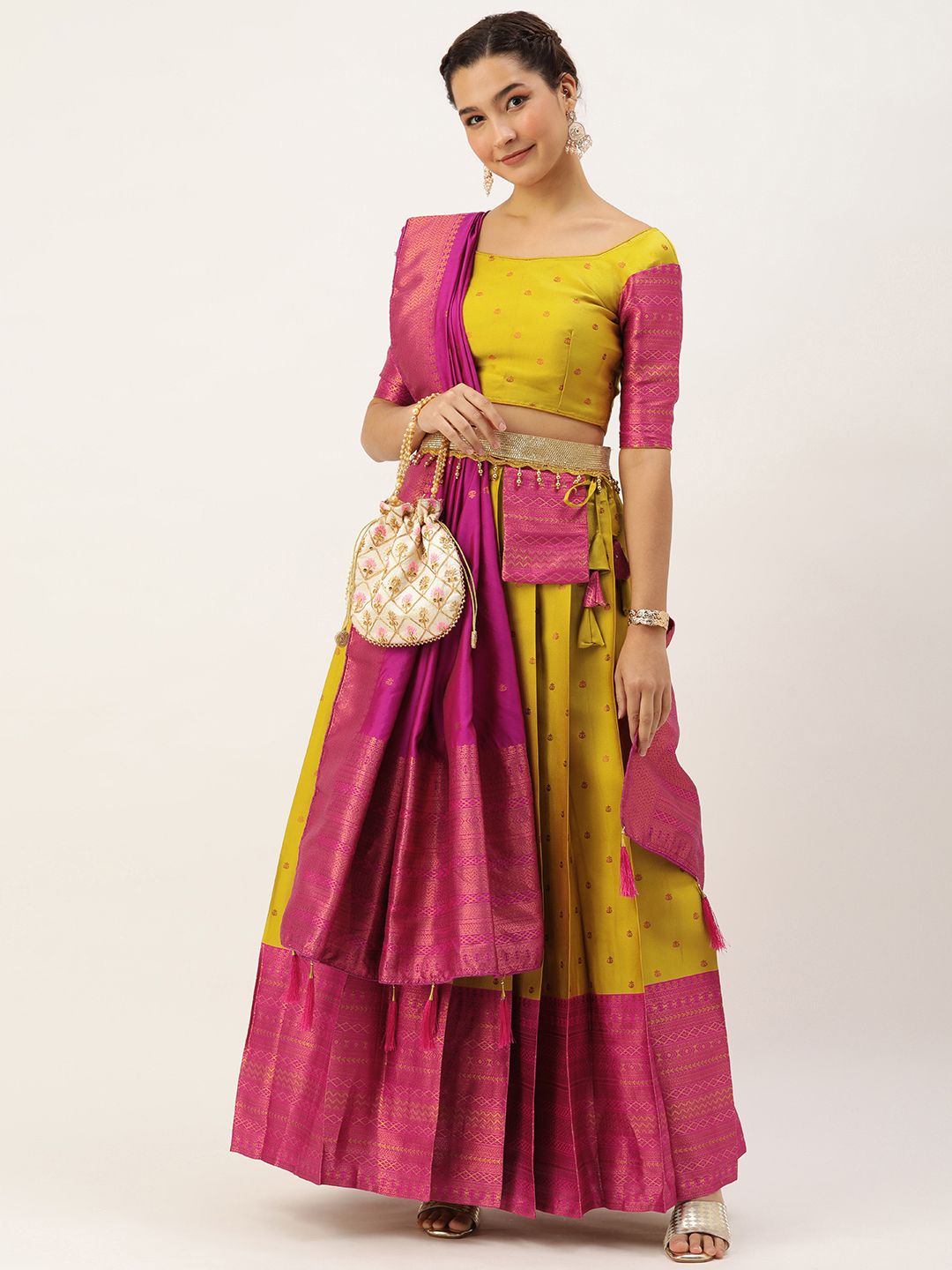Mustard & Pink Woven Design Art Silk Lehenga – Boat Neck – Zari Work