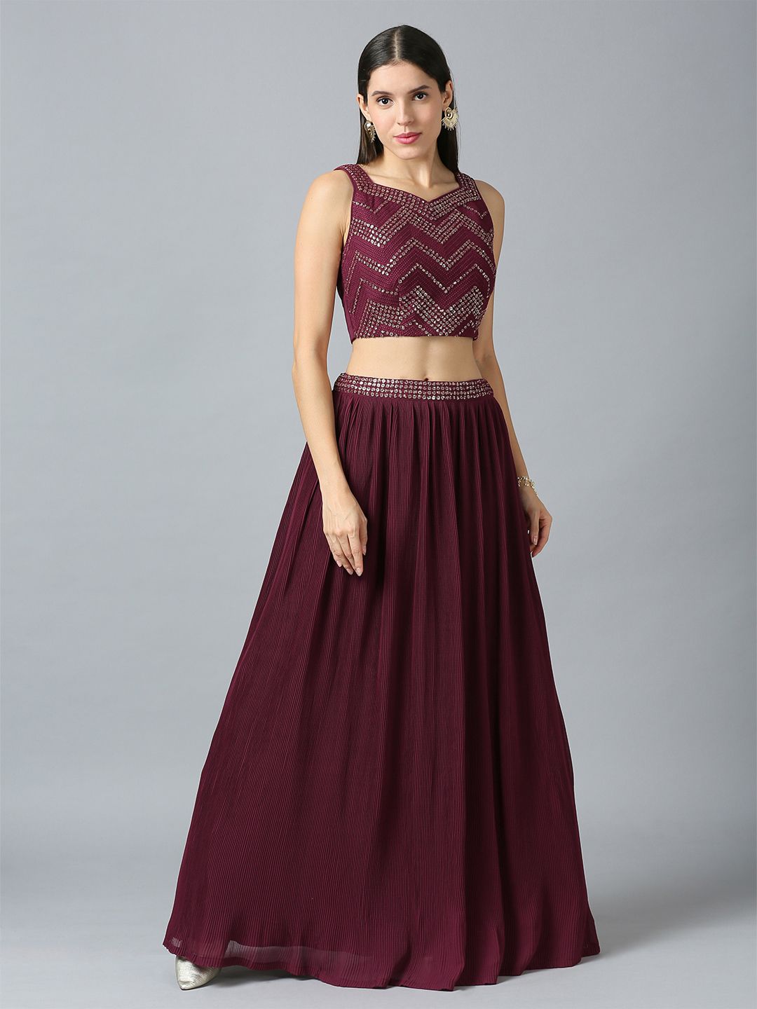Maroon Khari Printed Poly Georgette Crop Top & Lehenga Set – Sweetheart Neck – Sequins Embroidered