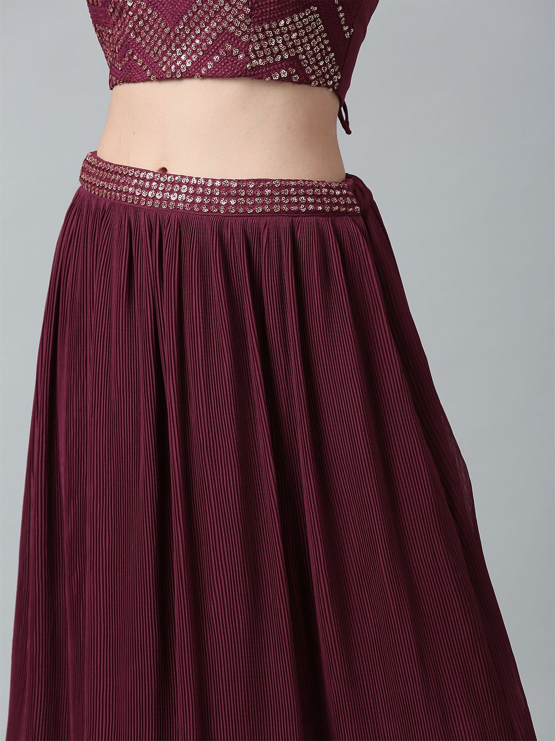 Maroon Khari Printed Poly Georgette Crop Top & Lehenga Set – Sweetheart Neck – Sequins Embroidered