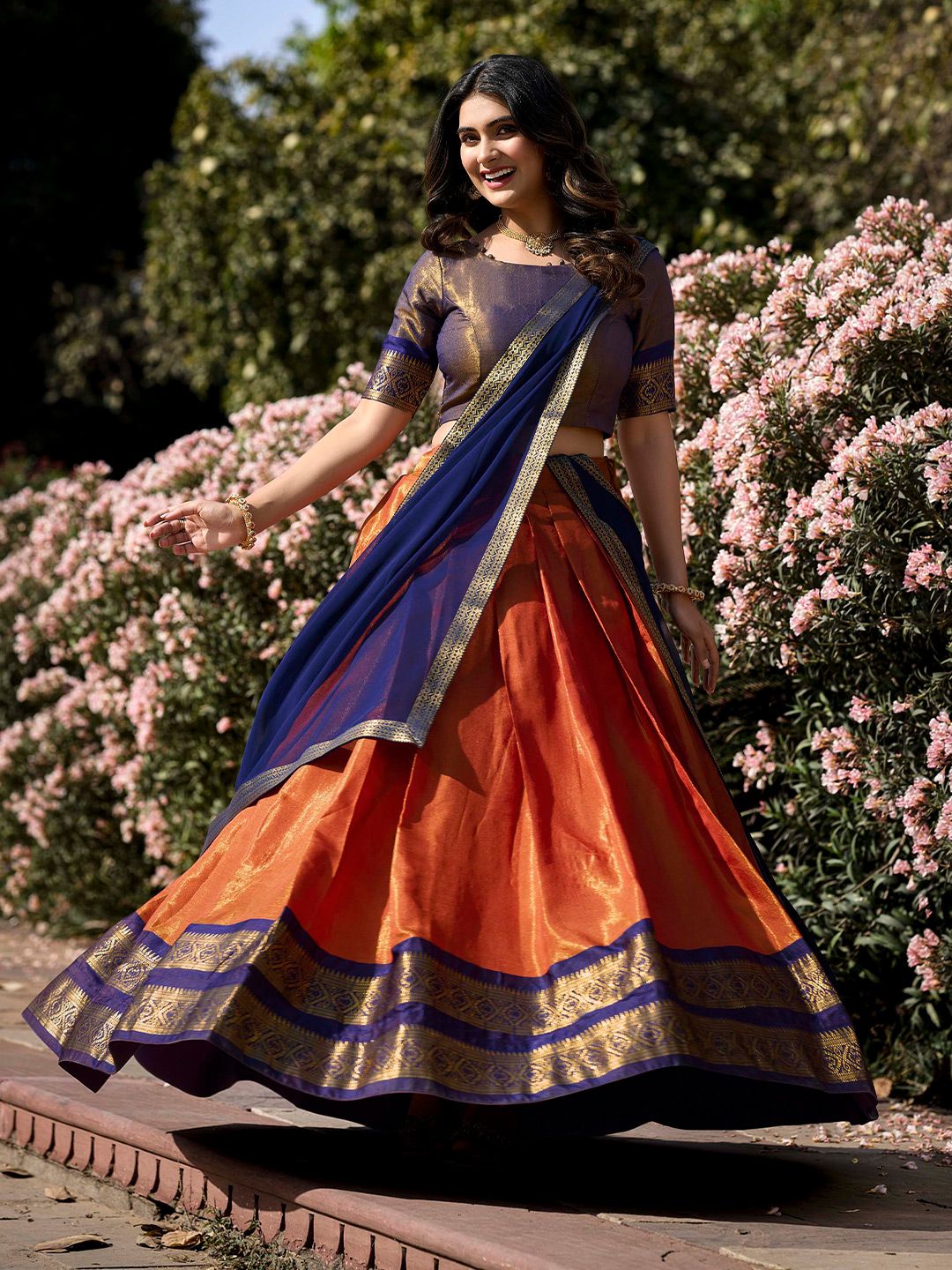 Orange & Navy Blue Flared Silk Blend Lehenga Set – Boat Neck – Zari Woven Design