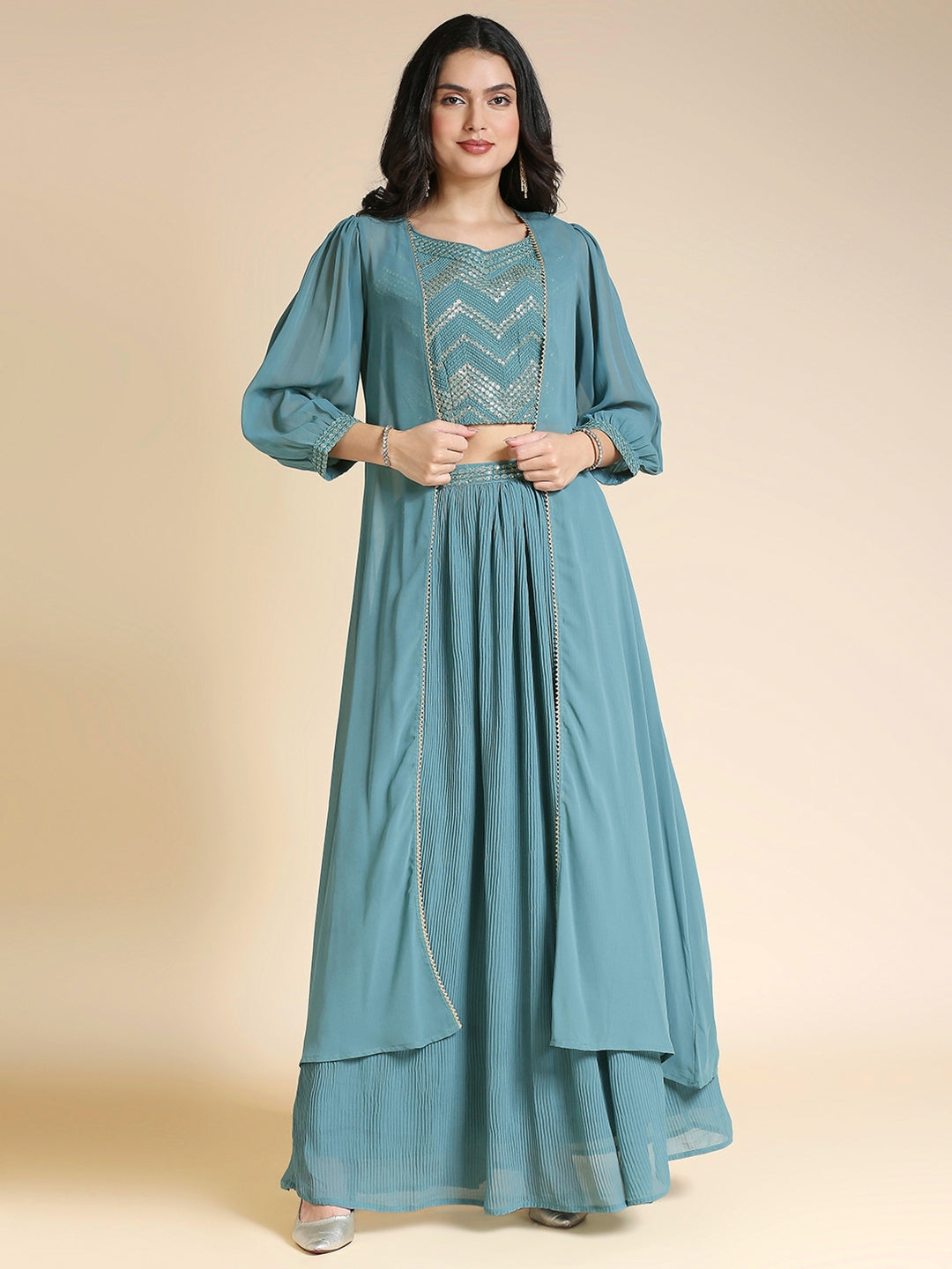 Teal & Gold Embellished Georgette Lehenga Choli Set – V-Neck – Ethnic Jacket