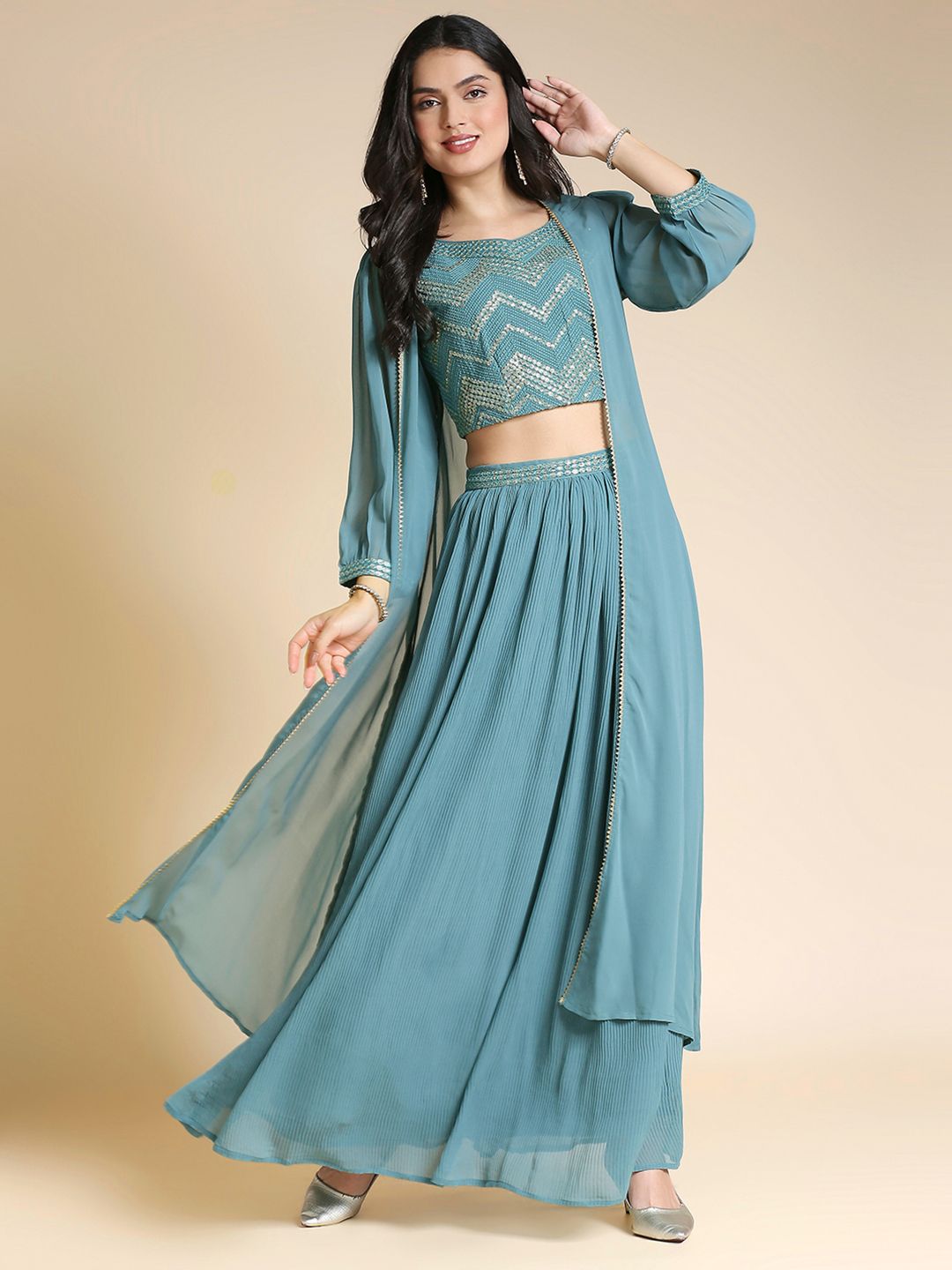 Teal & Gold Embellished Georgette Lehenga Choli Set – V-Neck – Ethnic Jacket