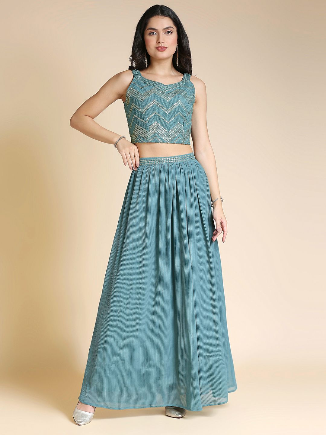 Teal & Gold Embellished Georgette Lehenga Choli Set – V-Neck – Ethnic Jacket