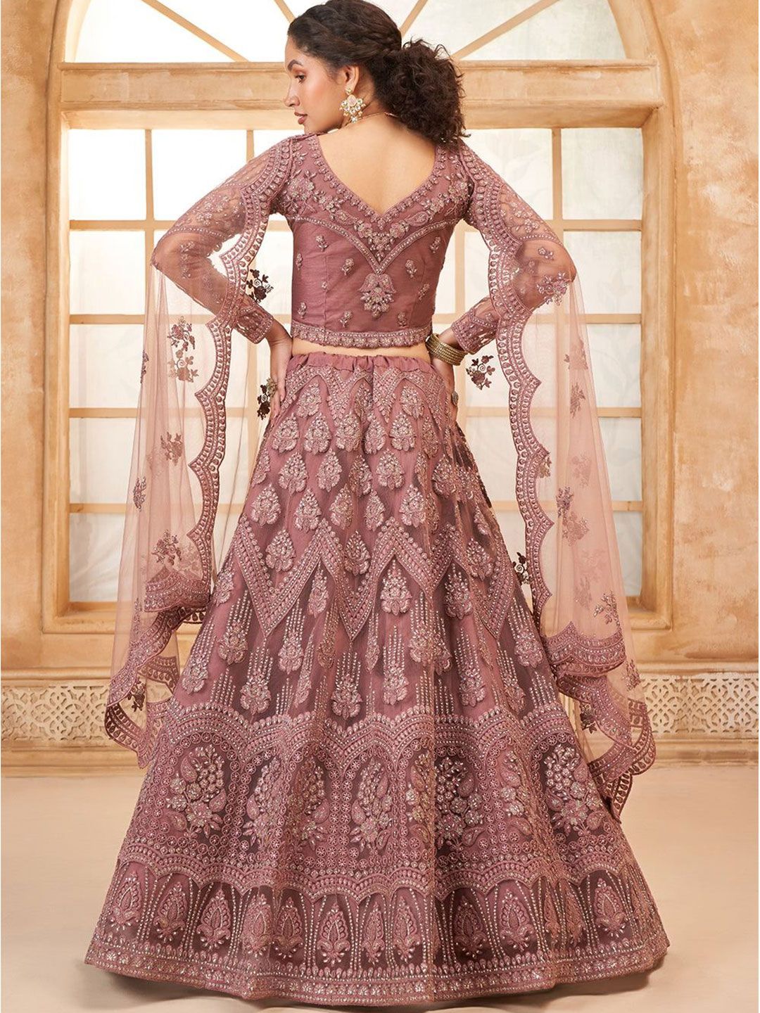 Pink & Silver Flared Satin Lehenga – V-Neck – Beads and Stones Embellished