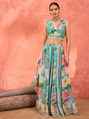 Blue & Pink Printed Poly Georgette Lehenga Set – V-Neck – Flared Hem