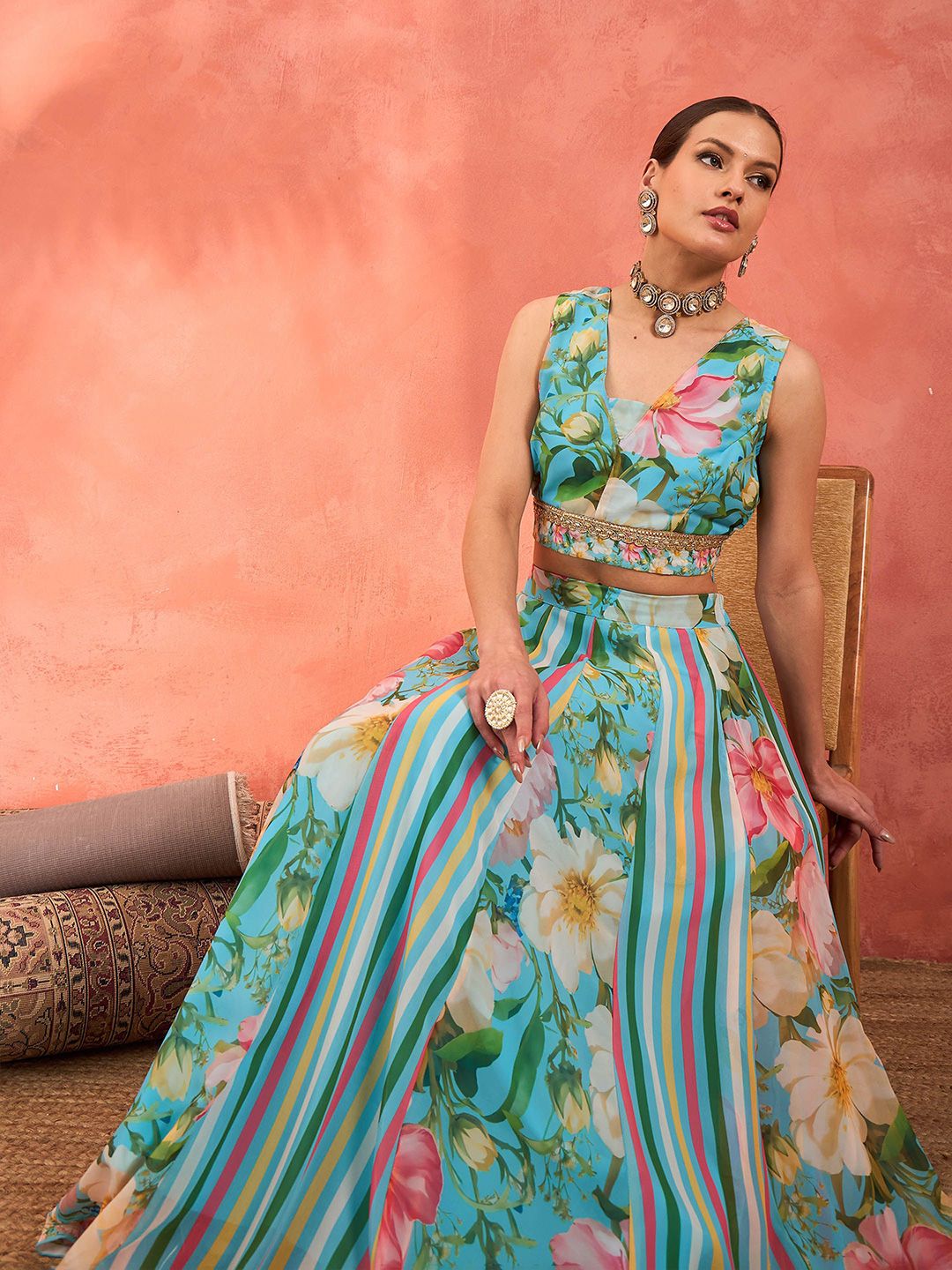 Blue & Pink Printed Poly Georgette Lehenga Set – V-Neck – Flared Hem