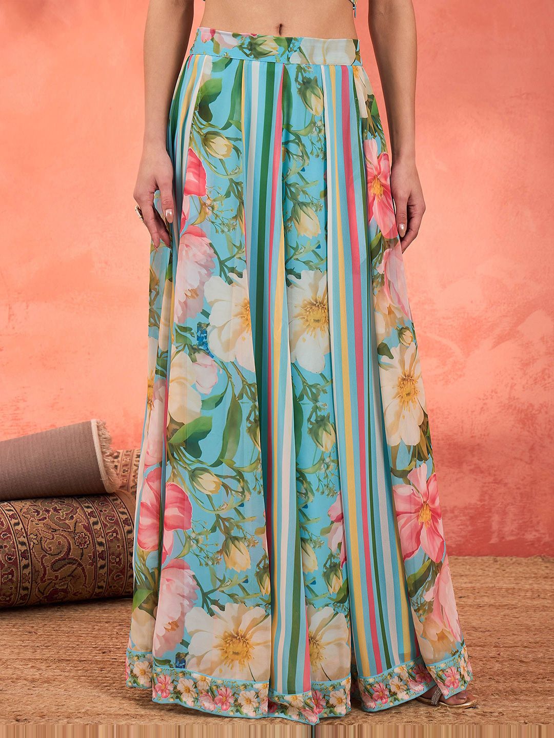 Blue & Pink Printed Poly Georgette Lehenga Set – V-Neck – Flared Hem