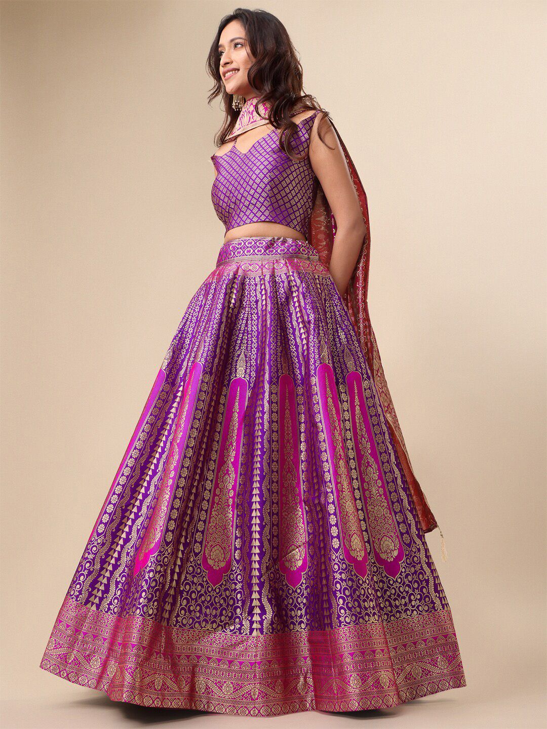 Magenta & Gold Flared Art Silk Lehenga – V-Neck – Zari Woven Design