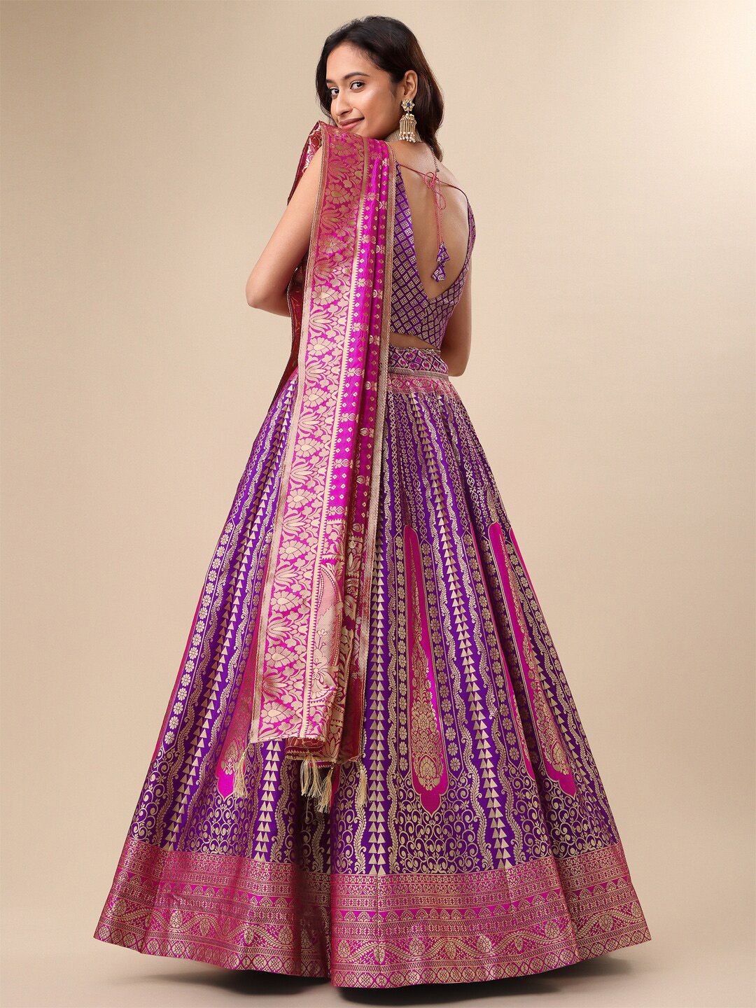 Magenta & Gold Flared Art Silk Lehenga – V-Neck – Zari Woven Design
