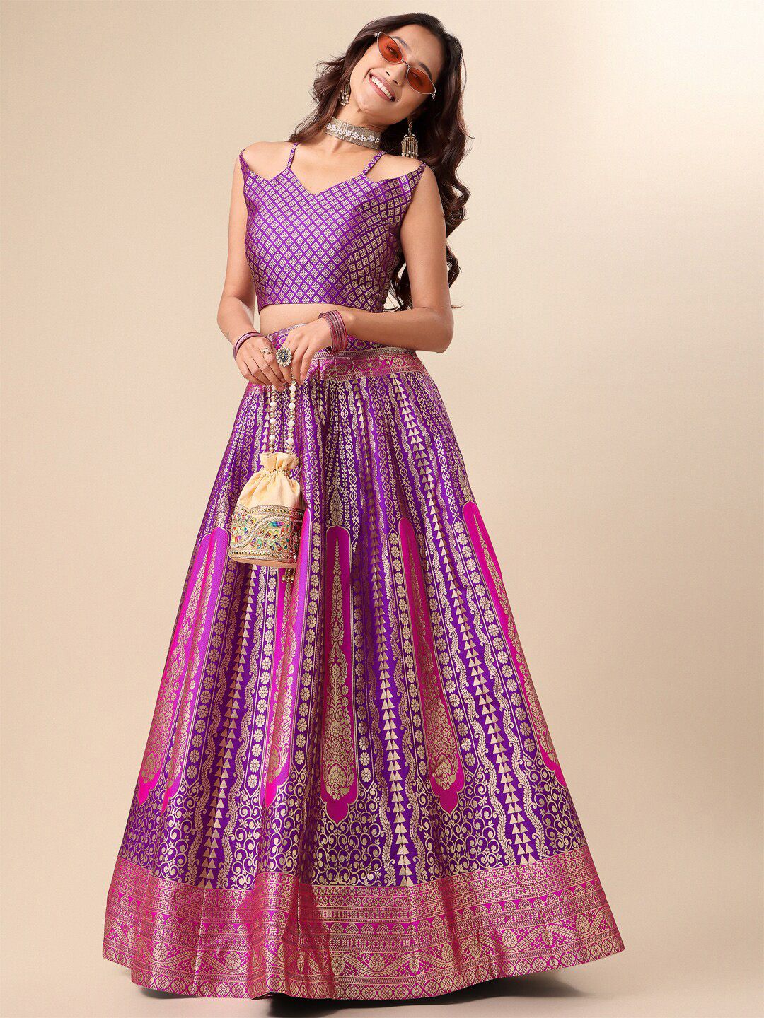 Magenta & Gold Flared Art Silk Lehenga – V-Neck – Zari Woven Design