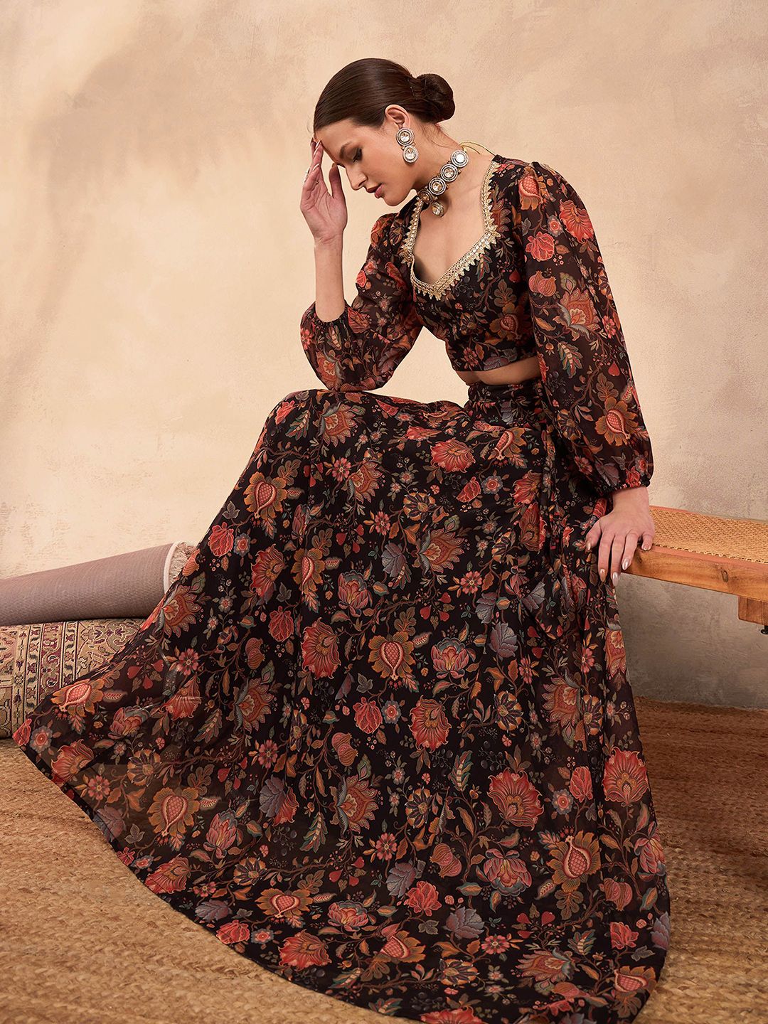 Black & Orange Printed Poly Georgette Lehenga Set – Square Neck – Flared Hem