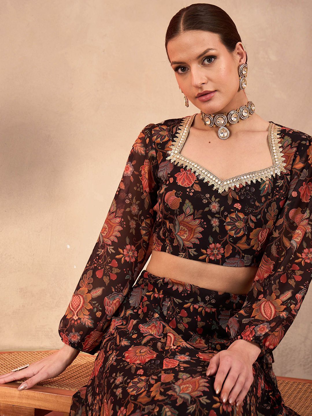 Black & Orange Printed Poly Georgette Lehenga Set – Square Neck – Flared Hem