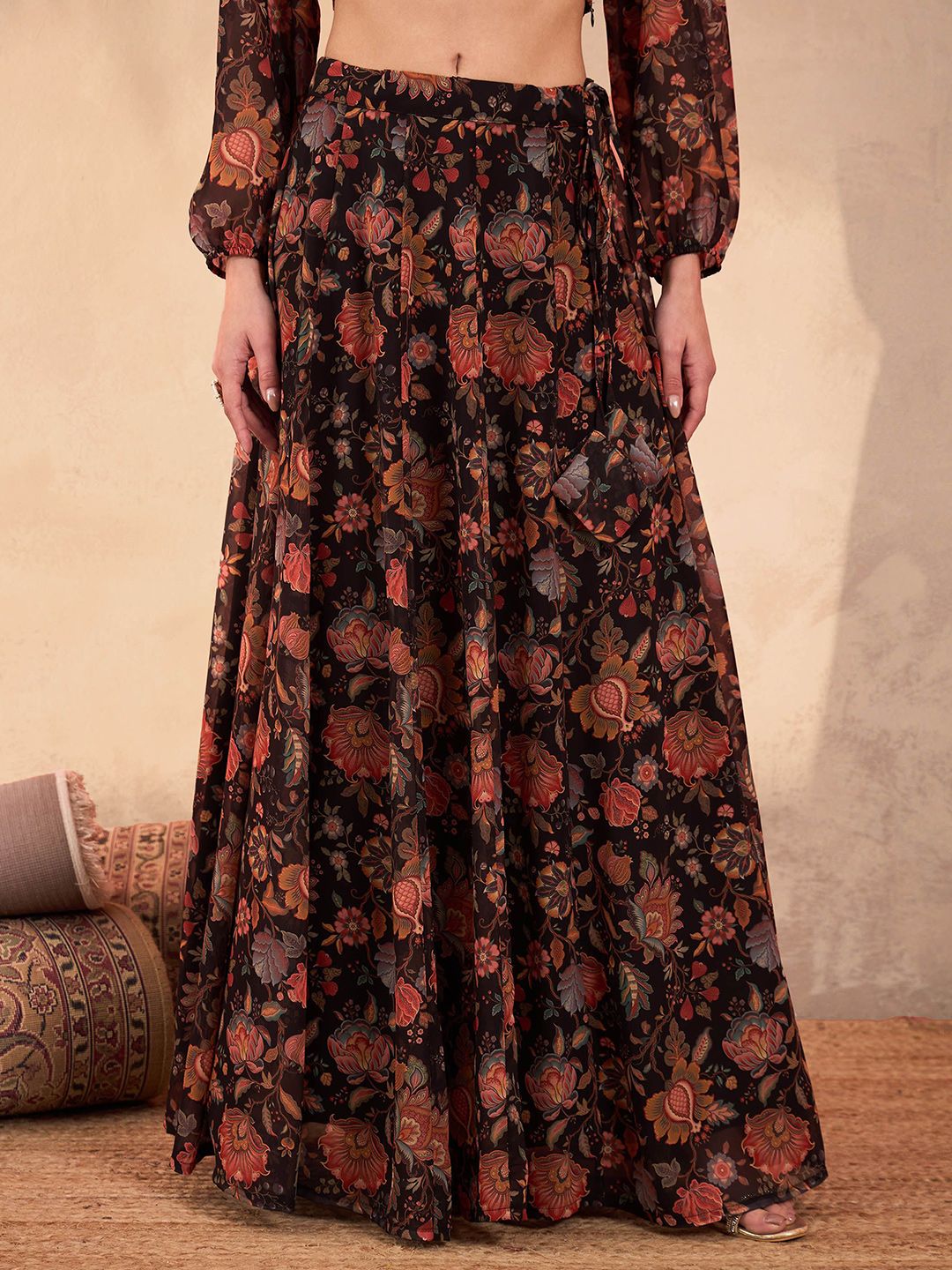 Black & Orange Printed Poly Georgette Lehenga Set – Square Neck – Flared Hem