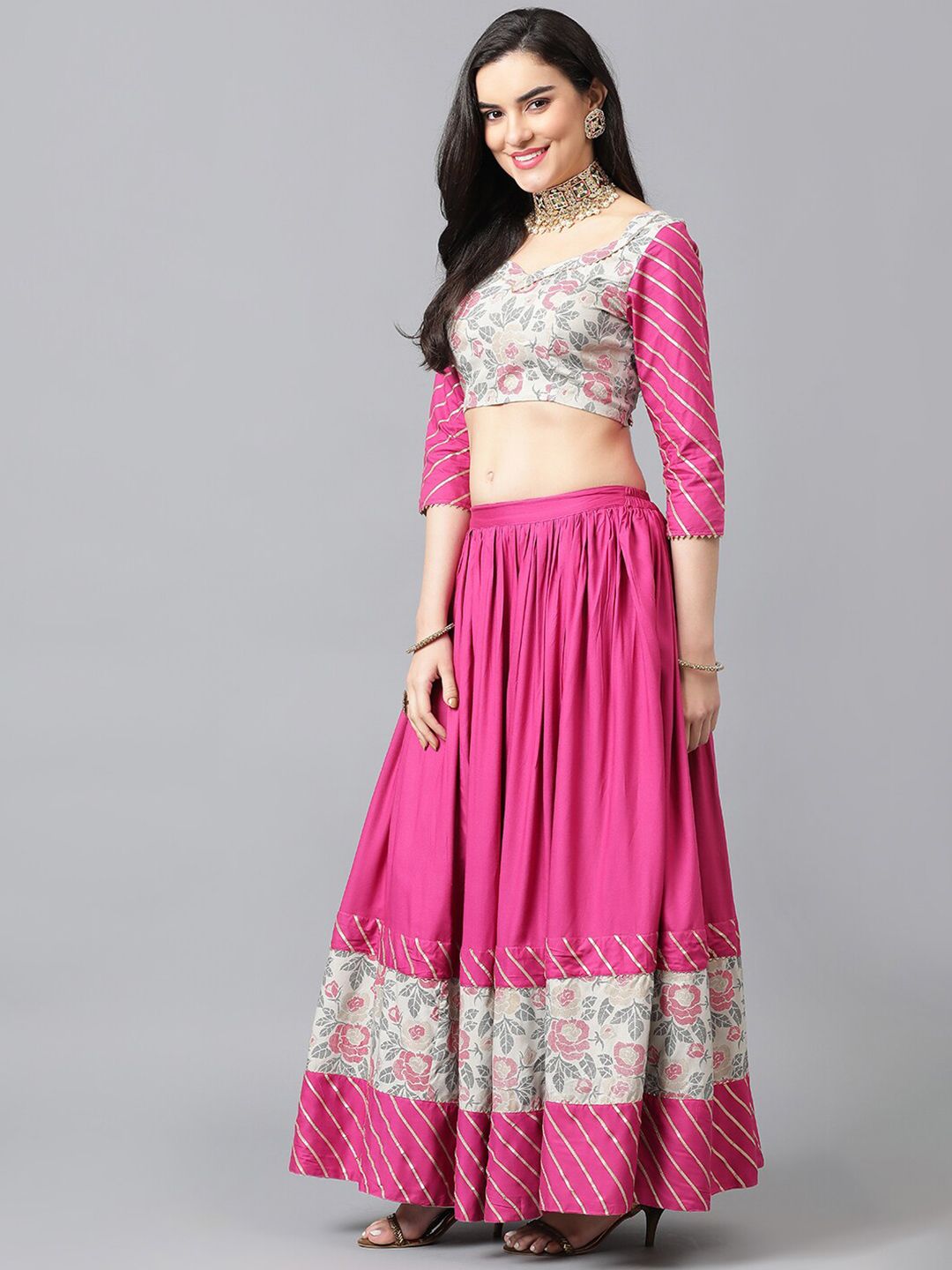 Pink & Green Floral Printed Viscose Rayon Lehenga Set – Round Neck – Gotta Patti