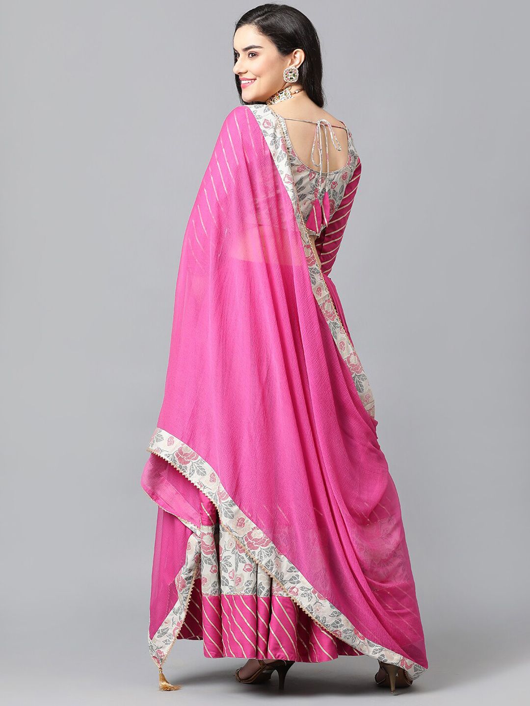 Pink & Green Floral Printed Viscose Rayon Lehenga Set – Round Neck – Gotta Patti
