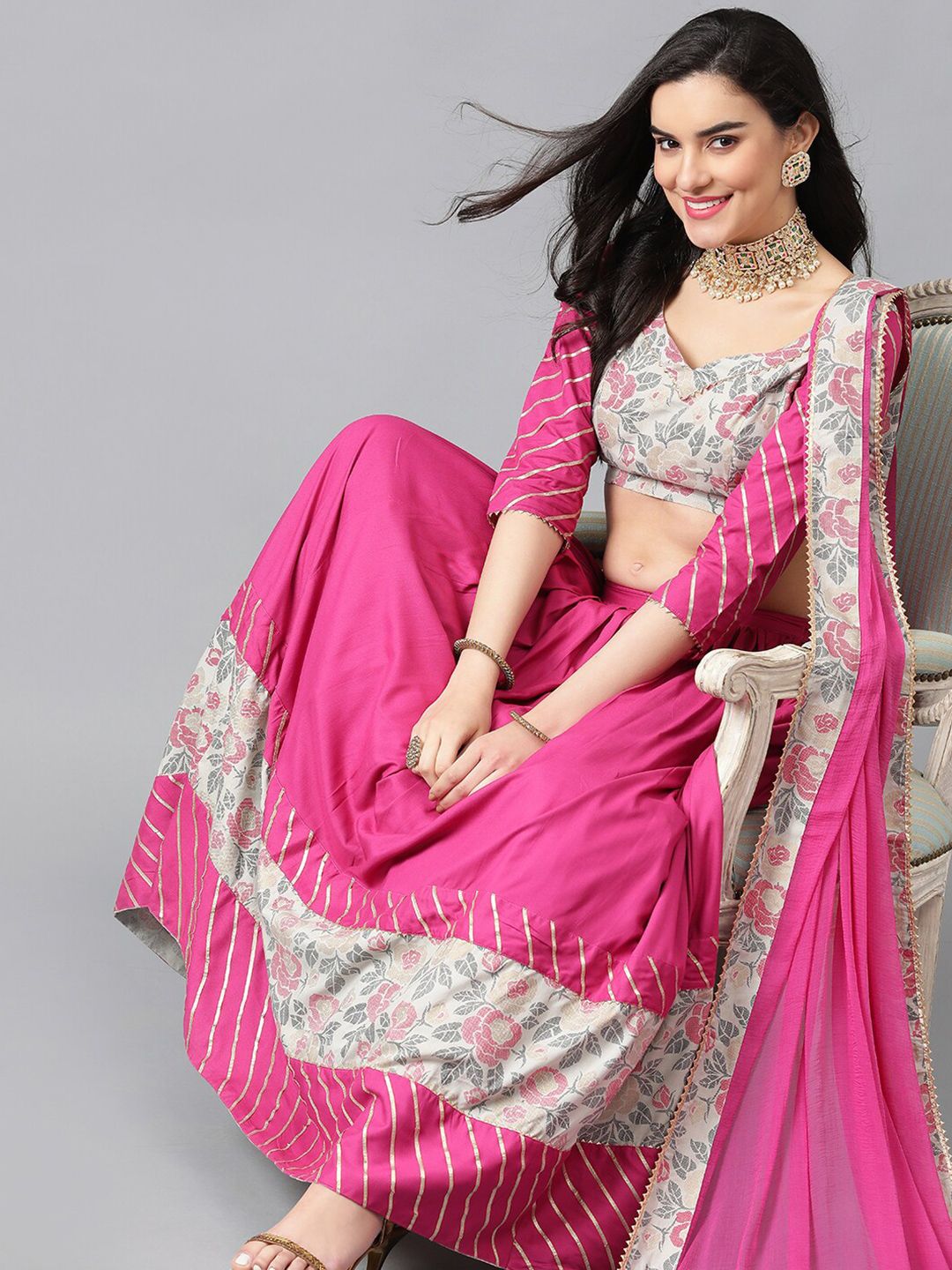 Pink & Green Floral Printed Viscose Rayon Lehenga Set – Round Neck – Gotta Patti
