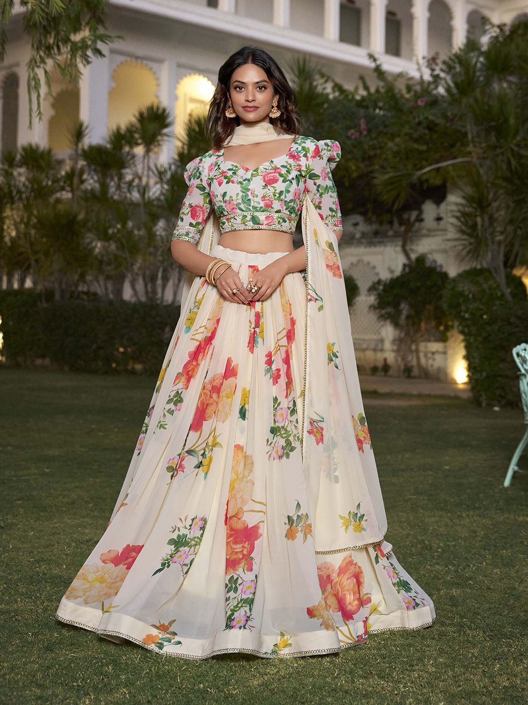 White & Green Printed Silk Georgette Lehenga – V-Neck – Flared Hem