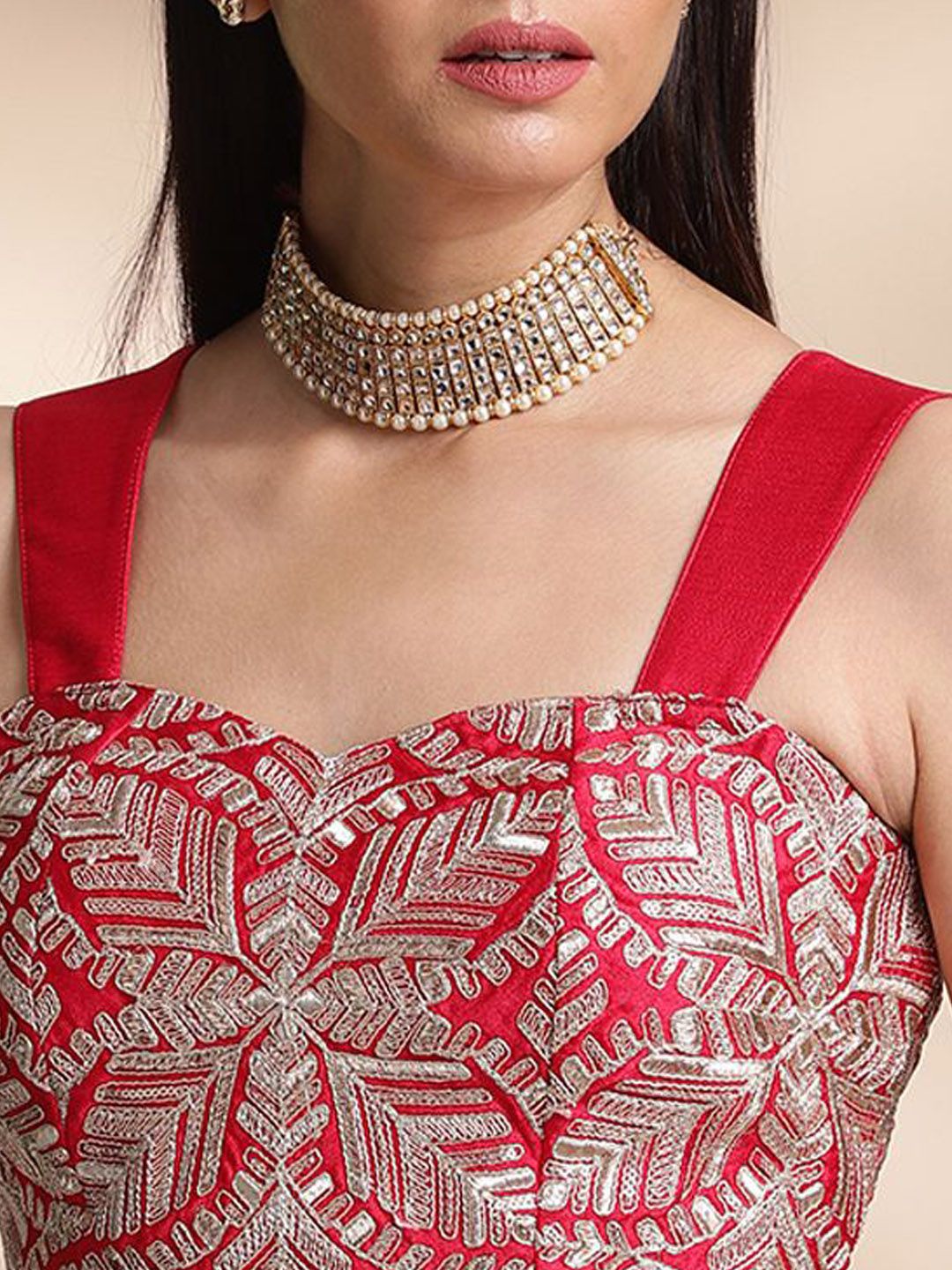 Rani & Silver Satin Saree Blouse – Sweetheart Neck – Thread Embroidered