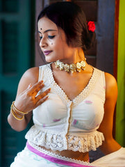 White Woven Cotton Saree Blouse – V-Neck – Thread Work