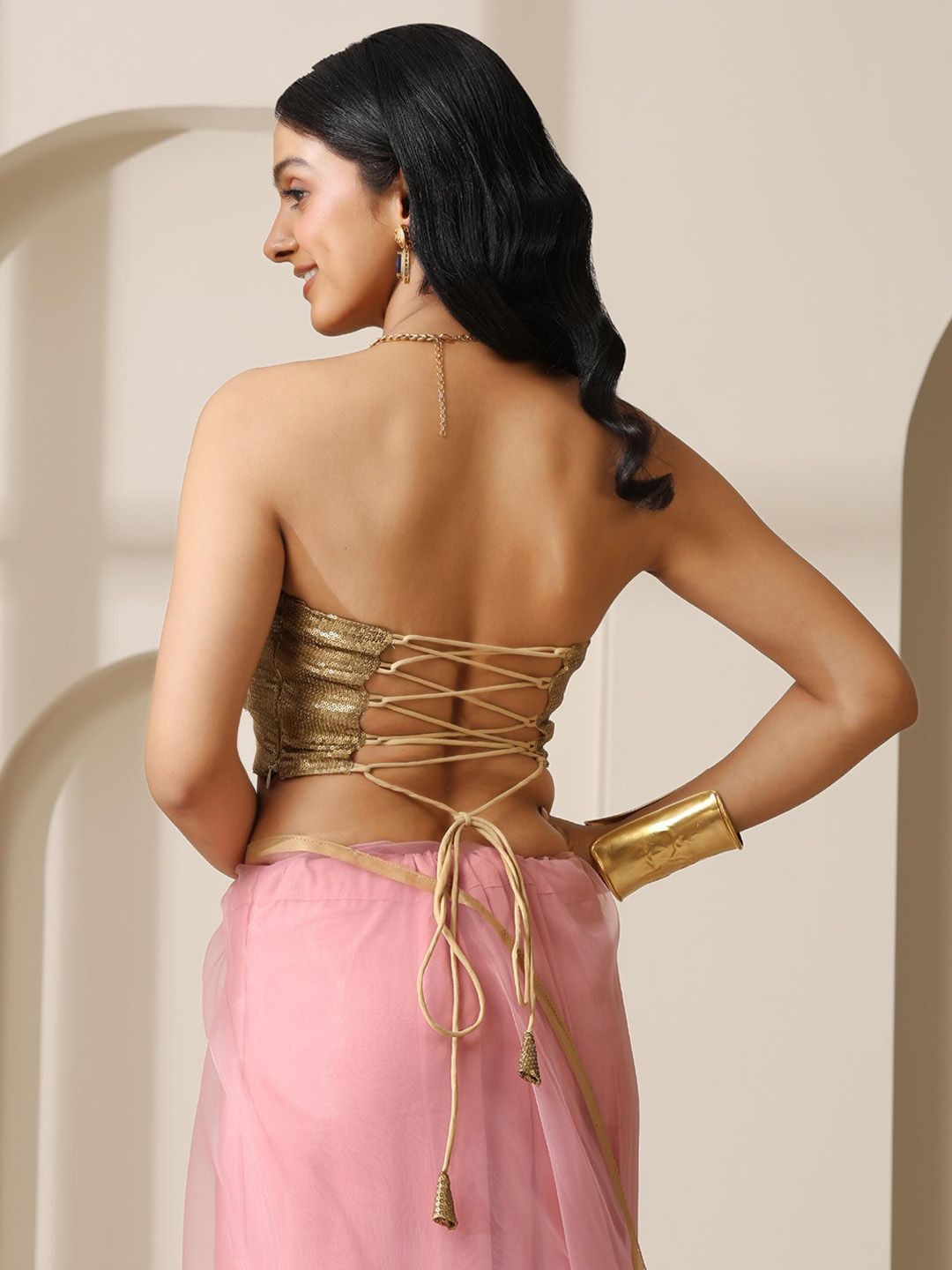 Gold Embellished Polyester Saree Blouse – Strapless Neck – Sequinned