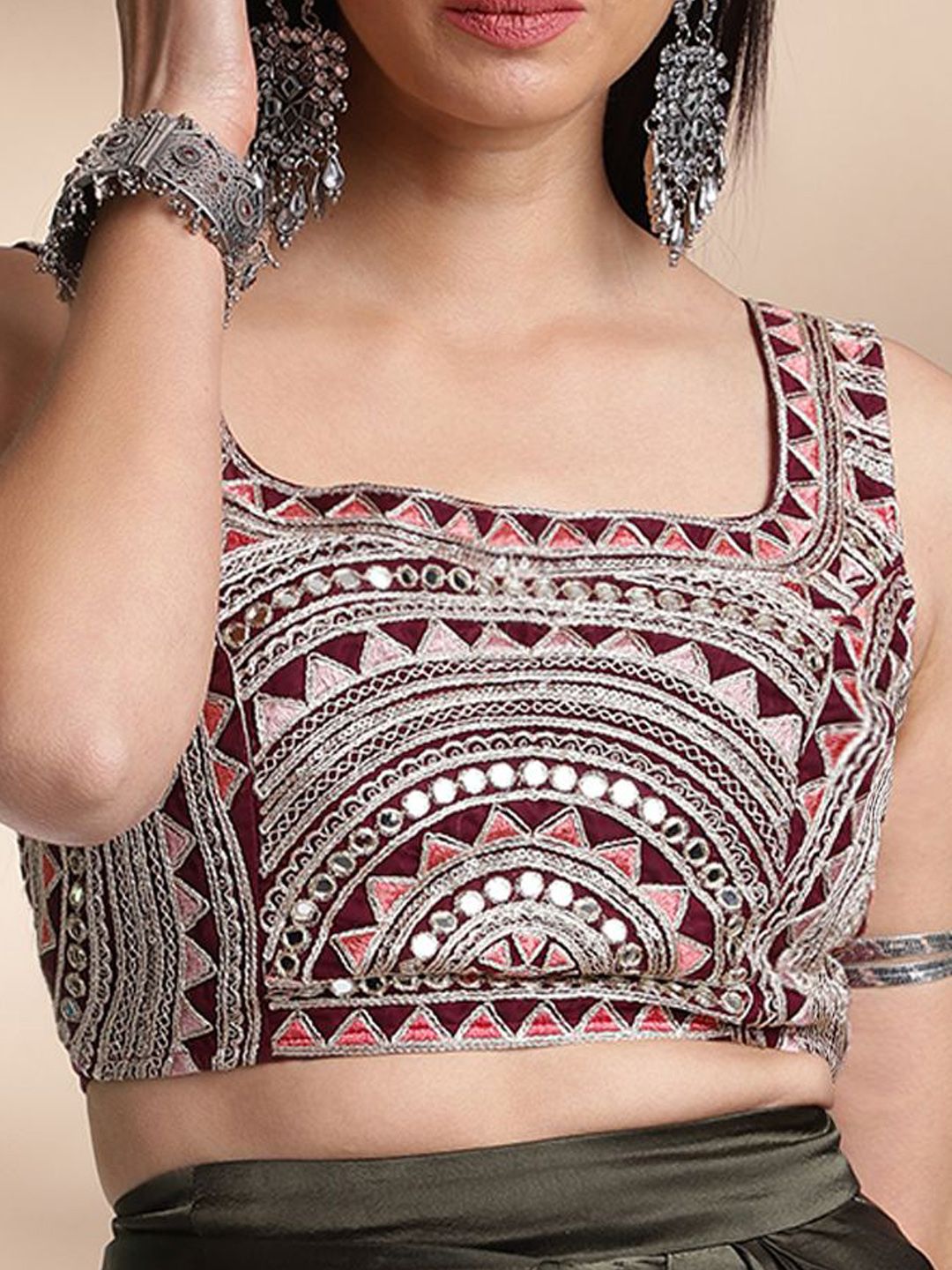 Burgundy Tissue Polyester Blouse – Square Neck – Mirror Work