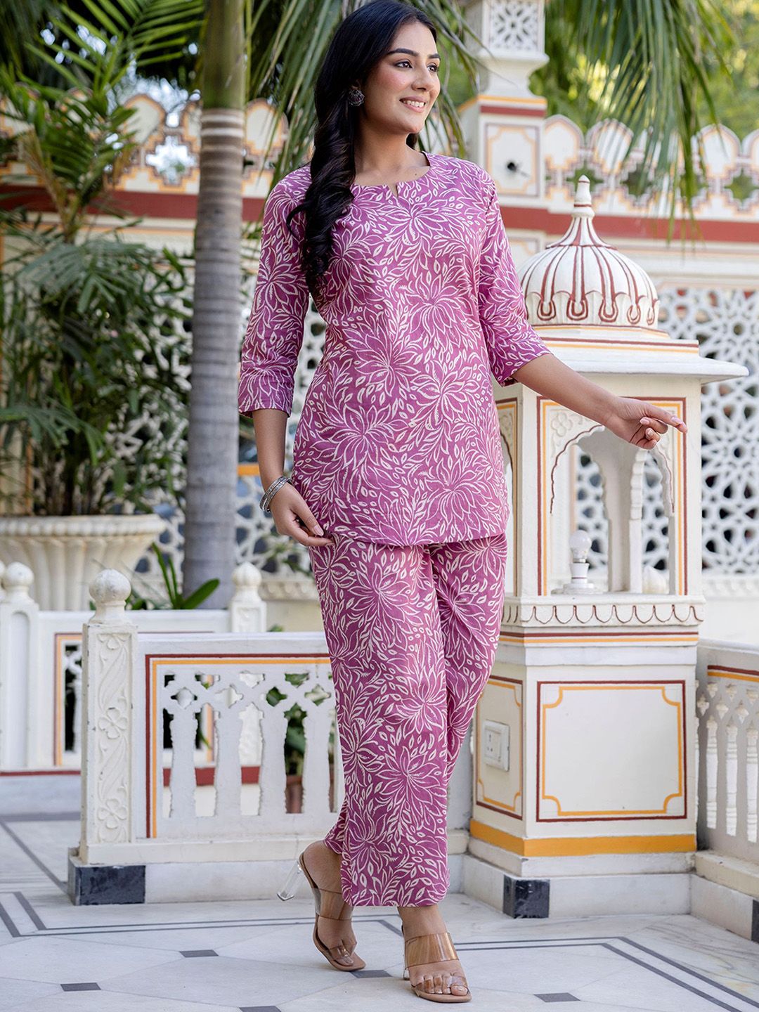 Purple & White Floral Printed Pure Cotton Tunic with Trousers – Notch Neck – Printed