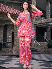 Pink Printed Cotton Blend Co-ord Set – V-Neck – Three-Quarter Sleeves