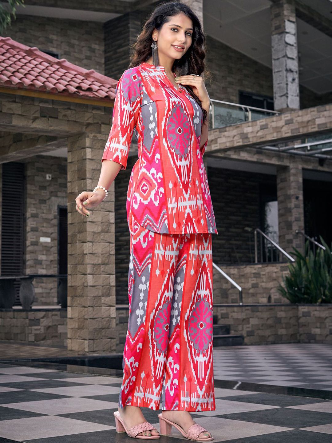 Pink Printed Cotton Blend Co-ord Set – V-Neck – Three-Quarter Sleeves