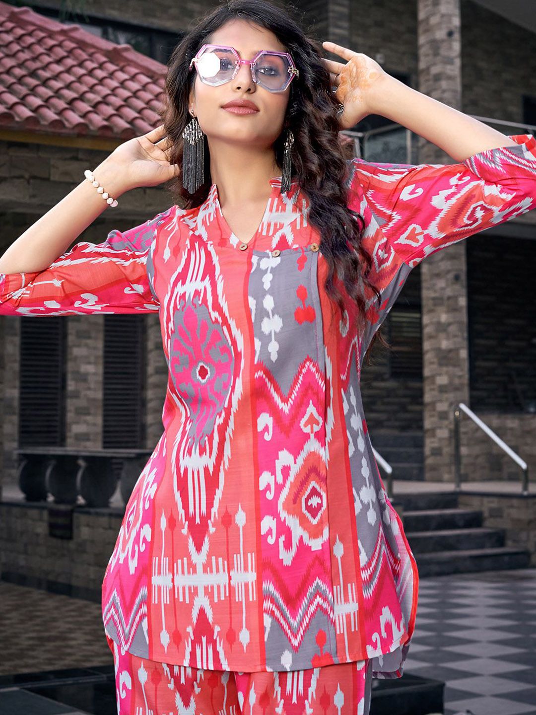 Pink Printed Cotton Blend Co-ord Set – V-Neck – Three-Quarter Sleeves
