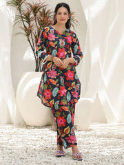 Navy Blue, Green & Pink Printed Pure Cotton Co-Ord Set – Notch Neck – Slip-On Closure