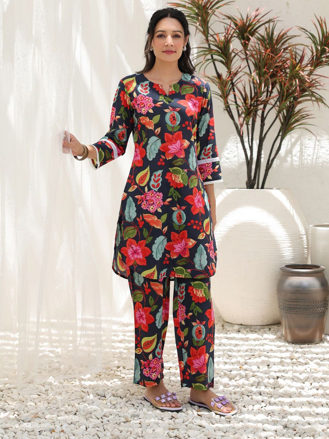 Navy Blue, Green & Pink Printed Pure Cotton Co-Ord Set – Notch Neck – Slip-On Closure
