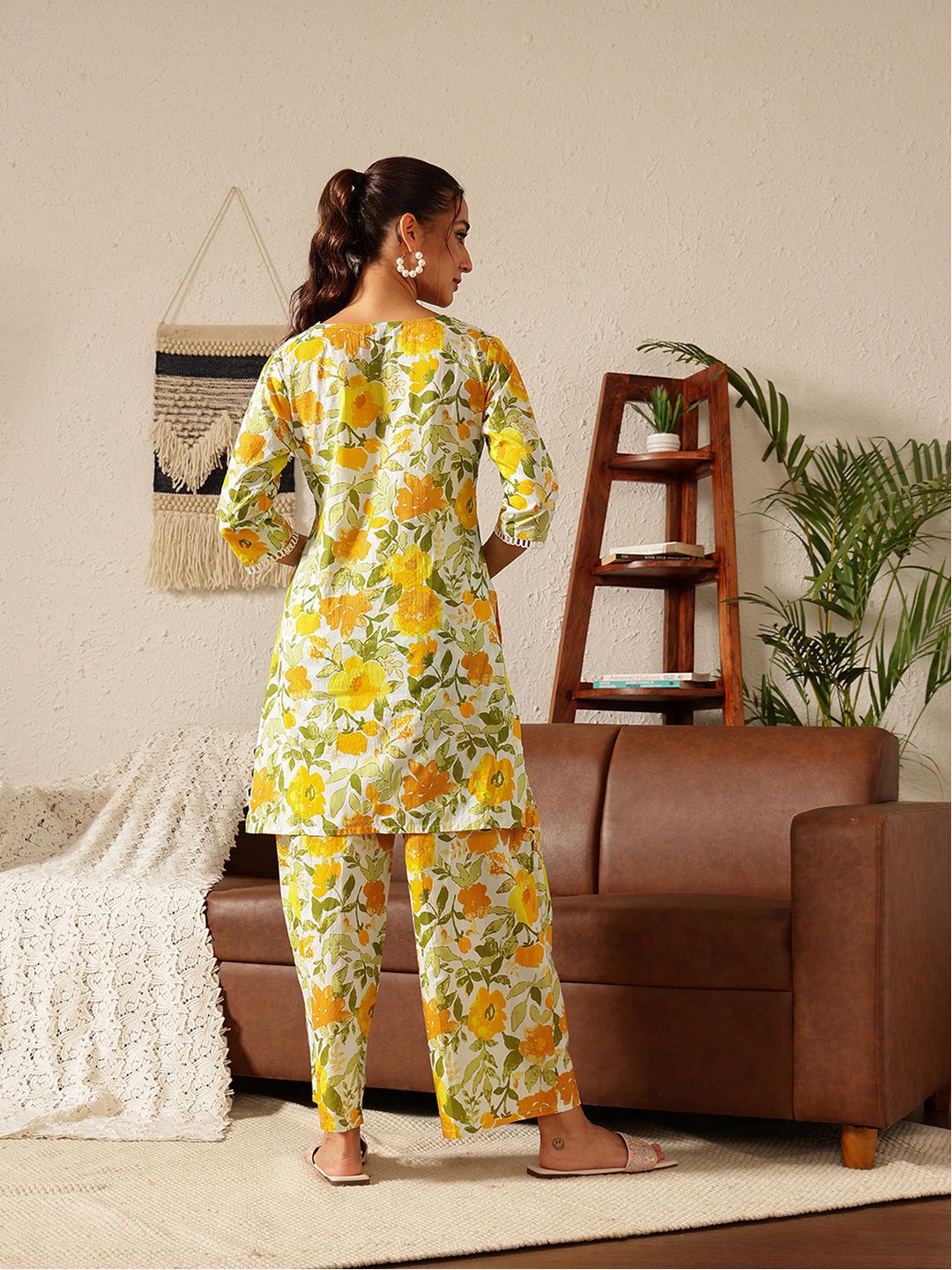 Yellow Printed Pure Cotton Co-ord Set – V-Neck – Floral Print