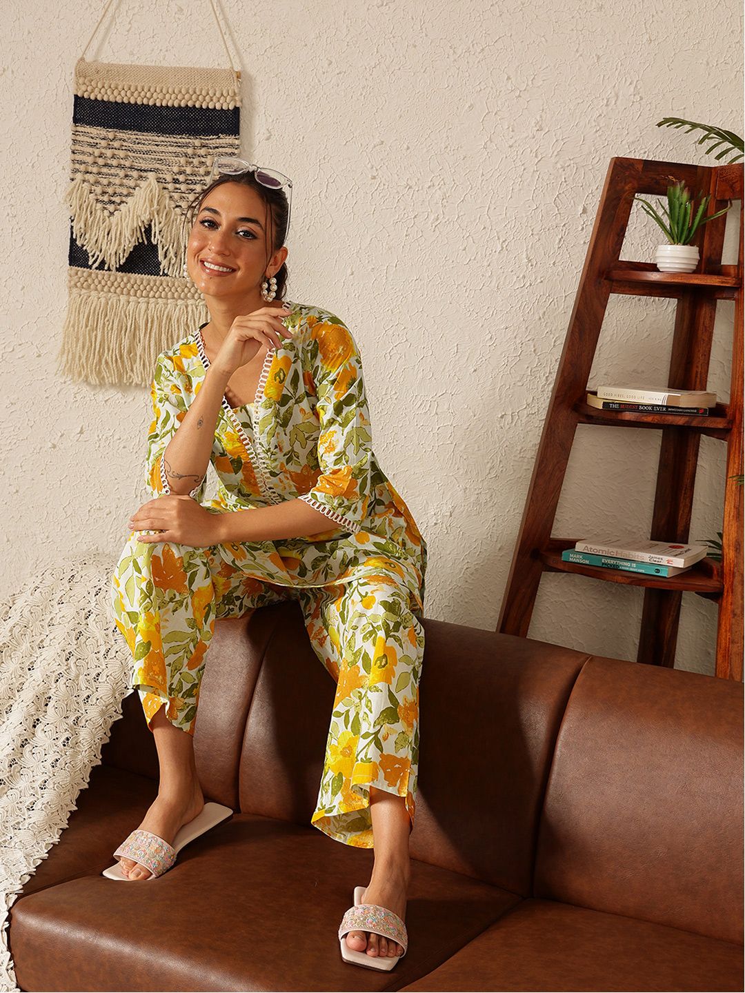 Yellow Printed Pure Cotton Co-ord Set – V-Neck – Floral Print