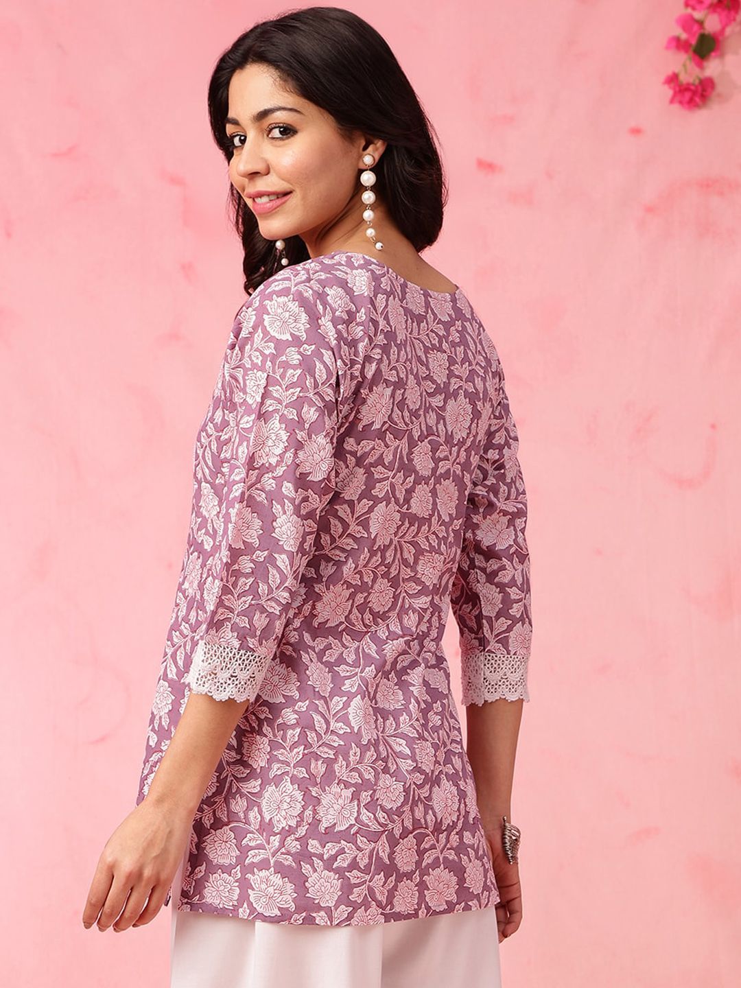 Purple & White Straight Pure Cotton Short Kurti – Round Neck – Ethnic Motifs Print