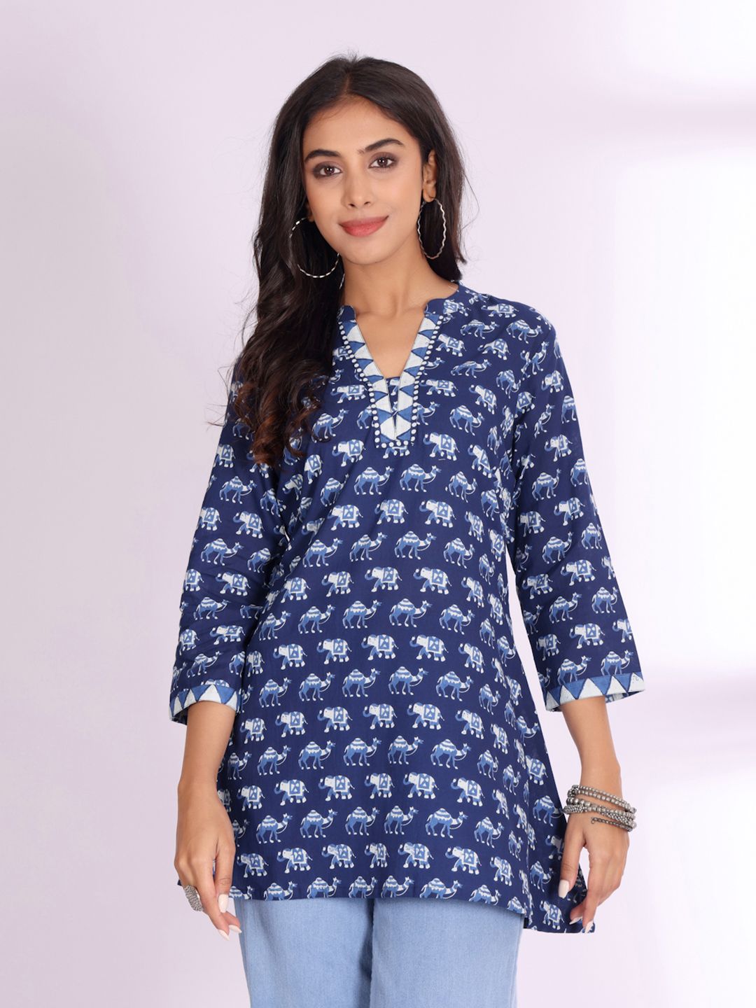 Navy Blue Ethnic Motifs Printed Cotton A-Line Kurti – Notch Neck – Straight Hem