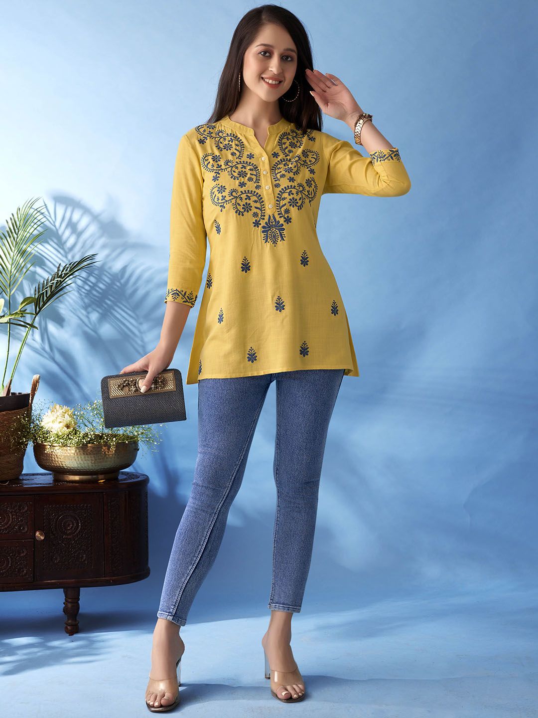 Yellow & Blue Straight Viscose Rayon Kurti – Mandarin Collar – Floral Embroidered