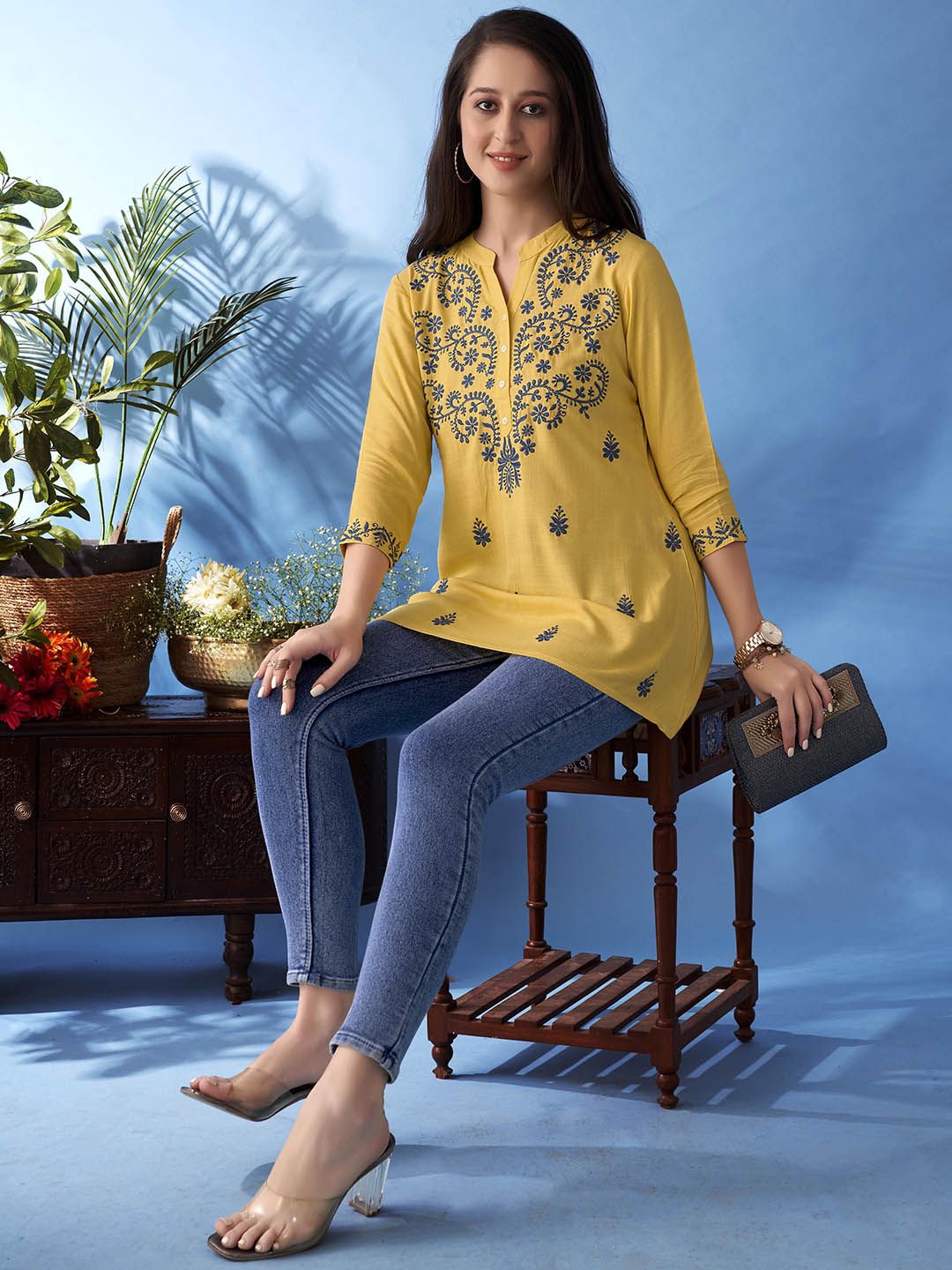 Yellow & Blue Straight Viscose Rayon Kurti – Mandarin Collar – Floral Embroidered