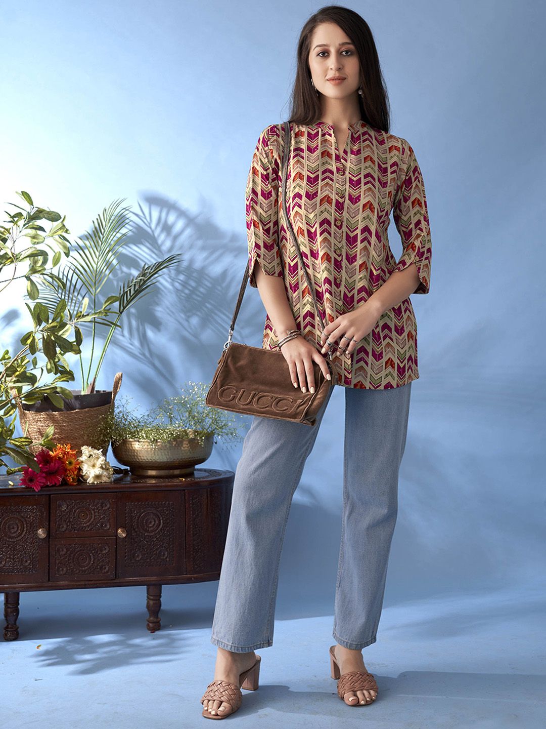 Magenta Chevron Printed Cotton A-Line Short Kurti – Mandarin Collar – Flared Sleeves