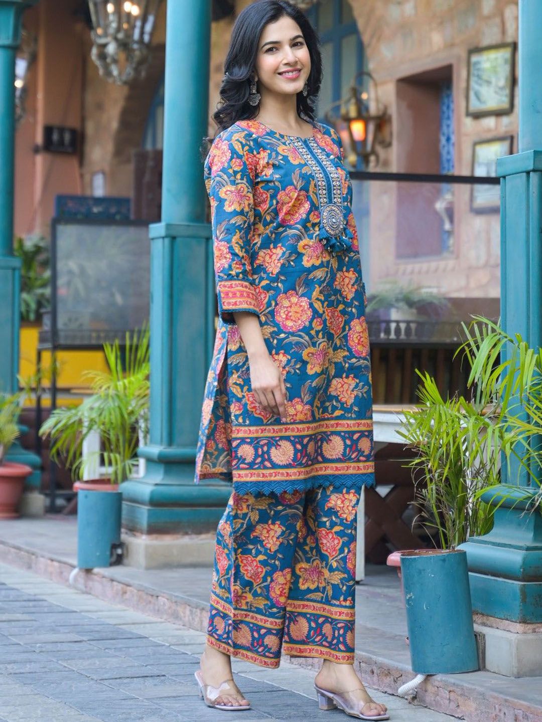 Floral Printed Pure Cotton Co-ord Set – Notch Neck – Mirror Work