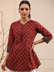 Maroon & Black A-Line Pure Cotton Kurti – Keyhole Neck – Ethnic Motif Print