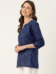 Navy Blue Straight Pure Cotton Kurti – Round Neck – Bandhani Printed