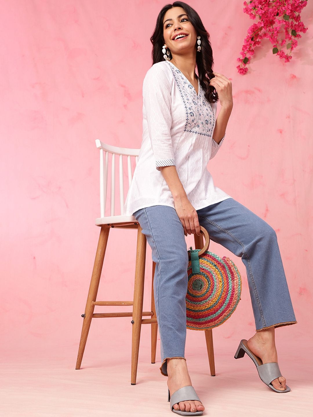 White Straight Pure Cotton Kurti – V-Neck – Floral Embroidered