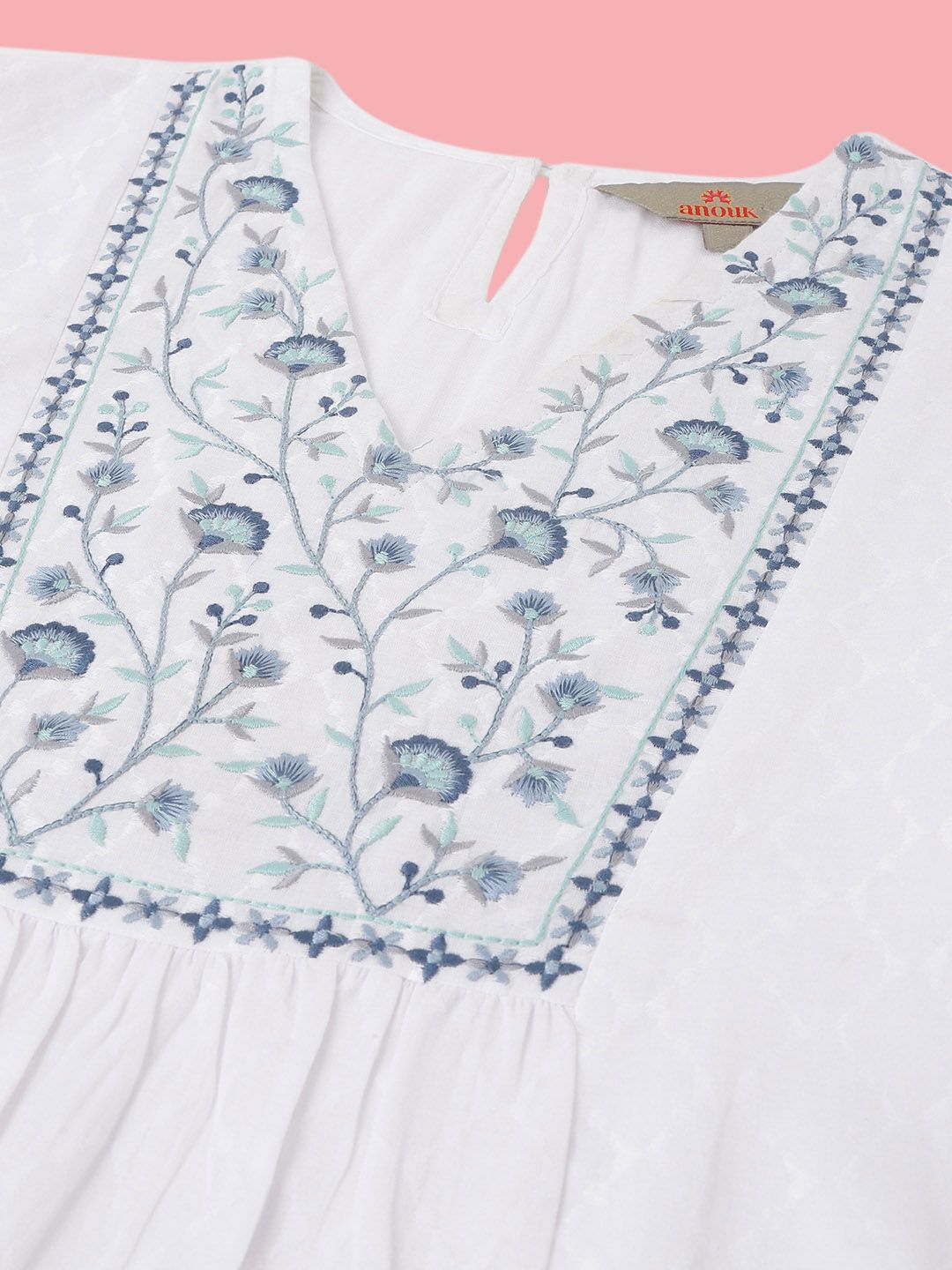 White Straight Pure Cotton Kurti – V-Neck – Floral Embroidered